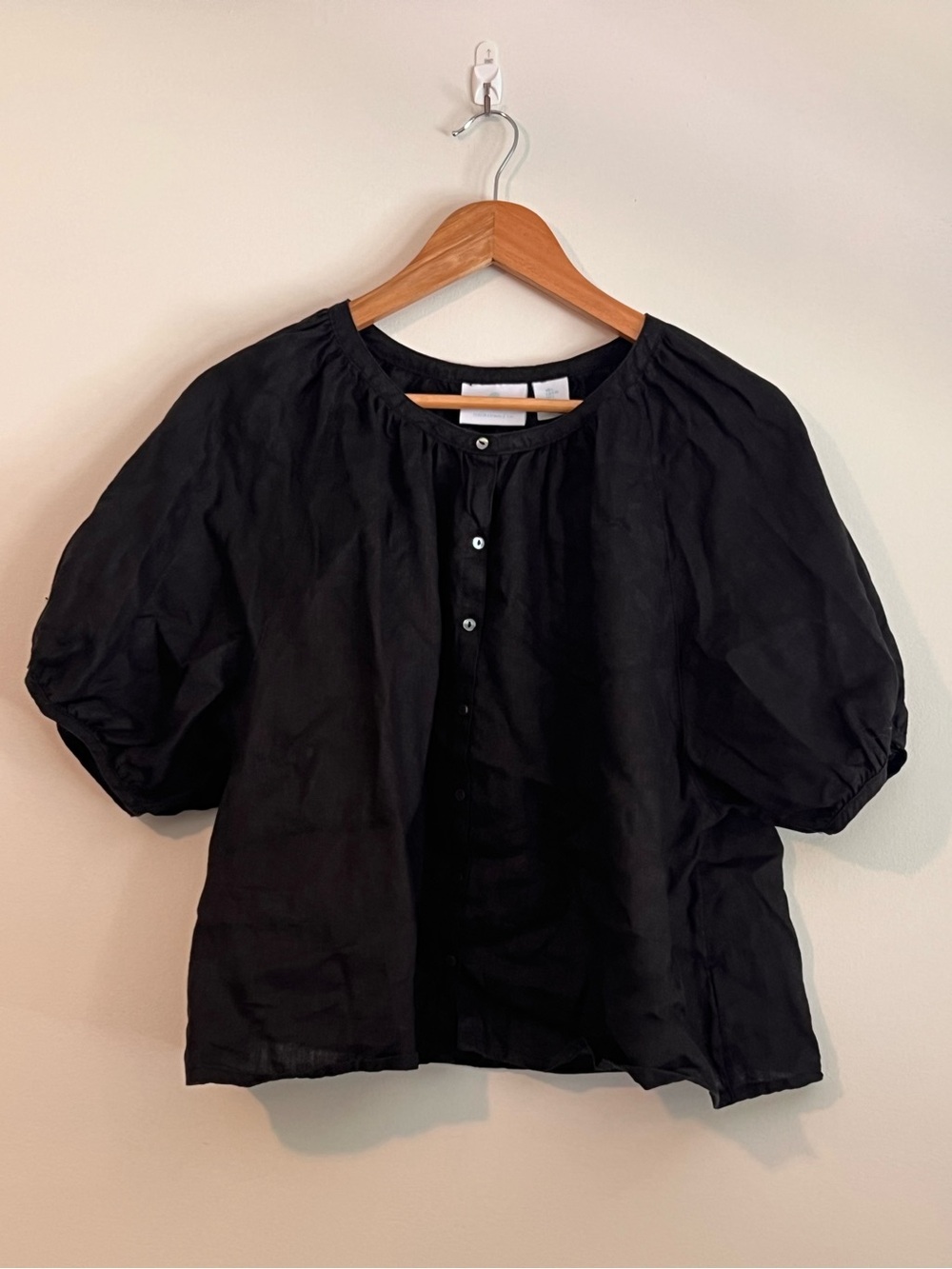 Cynthia Rowley Black Puff-Sleeve Linen Button Front Blouse